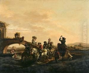 A Hawking Party Crossing A Bridge