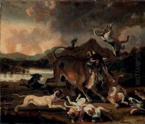 Hounds Attacking A Bull In A River Landscape by Abraham Danielsz. Hondius