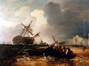 Rowing Boat Going to the Aid of a Man-o'-War in a Storm by George Chambers