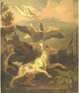 Two Houndsflushing Three Birds, Bearing Signature Verso, And An Old Waxcollector's Mark by Abraham Danielsz. Hondius