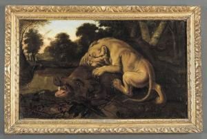 Leone Che Azzanna Un Cinghiale by Abraham Danielsz. Hondius