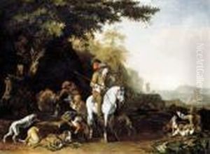 An Extensive Landscape With A
Hunting Party Resting By A Water Trough And A Sportsman Shooting by Abraham Danielsz. Hondius