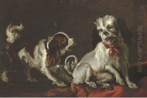 A King Charles Cavalier Spaniel And Another Dog In An Interior by Abraham Danielsz. Hondius