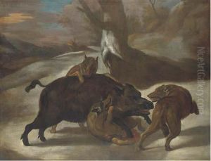 Wolves Attacking A Boar In A Wooded Landscape