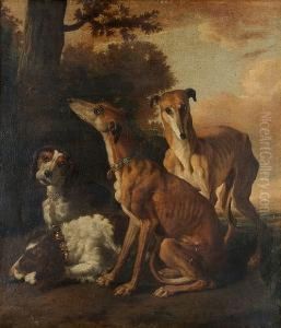Two Greyhounds With A Setter And A Hound In A Landscape