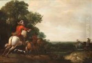 A Landscape With A Hunting Party By A Stream by Abraham Danielsz. Hondius