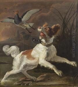 Jagdhund Mit Aufgestobertem Vogel
 Im Schilf. by Abraham Danielsz. Hondius