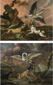 A Swan Being Chased From Her
Nest By Three Hounds, In An Evening Landscape; A Stork Frightened By Two
Hounds And A Spaniel Among Classical Ruins, In An Evening Landscape by Abraham Danielsz. Hondius