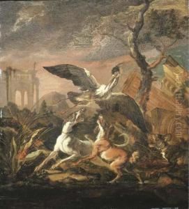 An Evening Landscape With Dogs Flushing A Heron by Abraham Danielsz. Hondius