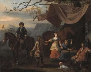 A Military Encampment With Merrymakers At A Tent by Abraham Danielsz. Hondius