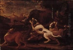 Hounds Attacking Lions; And Hounds Attacking A Bull by Abraham Danielsz. Hondius