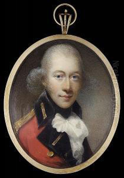 Lieutenant Sir Richard Mcquire,
Wearing The Uniform Of The 61st Foot (south Gloucestershire Regiment),
Scarlet Coat With Black Facings, Gold Epaulette, Black Stock And Frilled
White Cravat - view 1