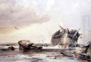 Rocky Shore, with Dismantled Vessel by George Chambers