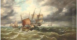 Warships running through the fishing fleet offshore by George Chambers