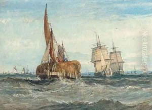 A hay barge and merchant ships on the Medway by George Chambers
