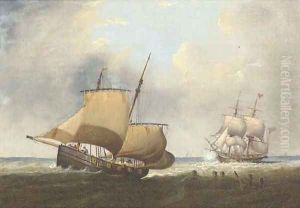 A Naval brig astern of an armed lugger firing a shot by George Chambers