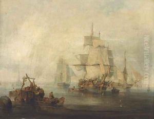 Trading brigs at anchor and drying their sails as the cargo is unloaded by George Chambers