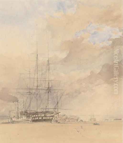 A two-decker with hulks in the harbour at Portsmouth - view 1