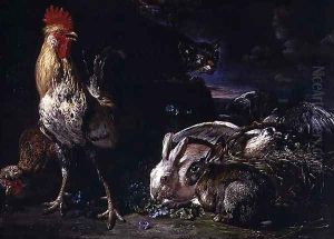 A Cat Watching Rabbits and Fowl by David de Coninck