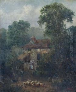 A Country Cottage In Woodland, 
With Shepherd, Flock And Dog Before And Maiden At The Gateway