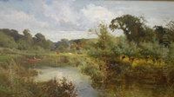 River Landscape With Cattle And 
Farm Buildings In Background, A Figure In A Punt With Fishing Rod In 
Foreground - view 1
