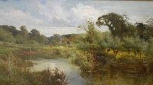 River Landscape With Cattle And
Farm Buildings In Background, A Figure In A Punt With Fishing Rod In
Foreground by John Horace Hooper