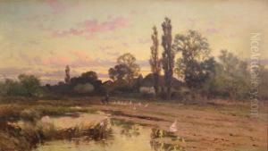 Figures Walking Towards A Farmstead Neargeese And A Pond by John Horace Hooper