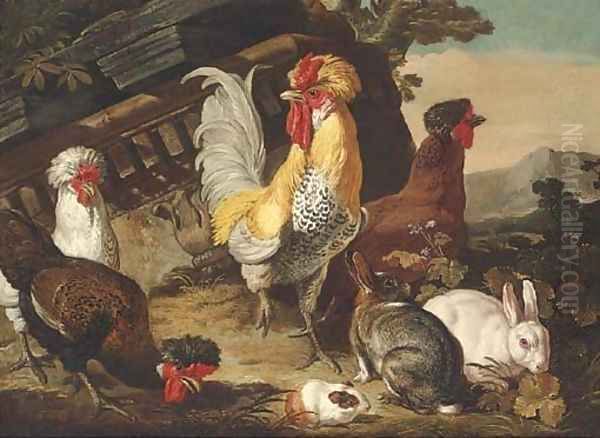 Chickens, rabbits and a guinea-pig by classical ruins - view 1