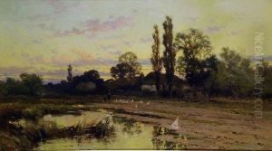 The Duck Pond, With Figures And Geese Before A Farmstead by John Horace Hooper