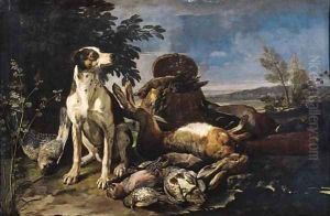 A hound guarding dead game at the edge of a wood by David de Coninck