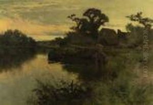 Flussbiegung Mit Drehbrucke Vor Wassermuhle In Abendstimmung by John Horace Hooper