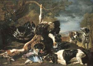 A spaniel, an eagle, a hare and a wicker basket with a jay, finches and other birds overlooked by two hounds, a mountainous landscape beyond