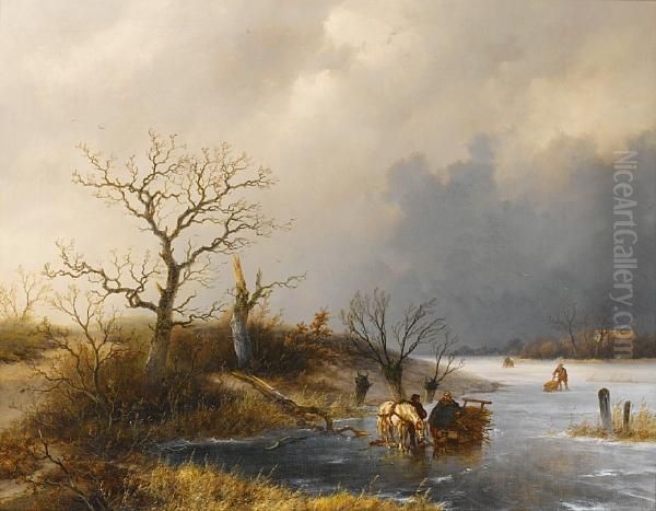 Winter Landscape With Skaters On A Frozenriver by Johannes Franciscus Hoppenbrouwers