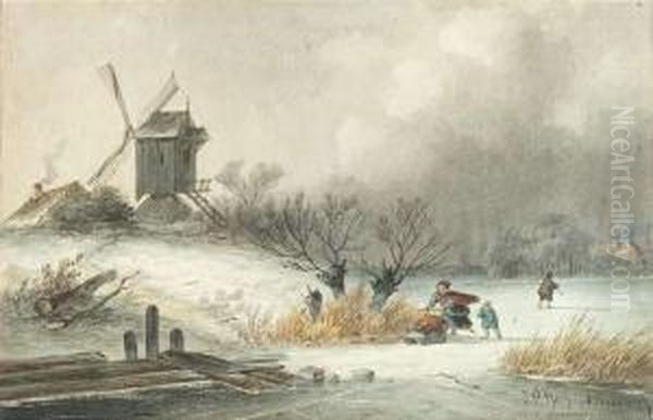 Hoppenbrouwers, Johannes
Franciscus . Wintry Landscape With A Windmill And Walkers On A Frozen
Lake - view 1