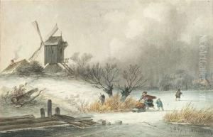 Hoppenbrouwers, Johannes 
Franciscus . Wintry Landscape With A Windmill And Walkers On A Frozen 
Lake