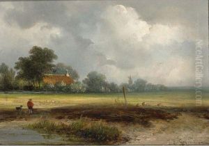 A Hunter With His Dog In A Polder Landscape