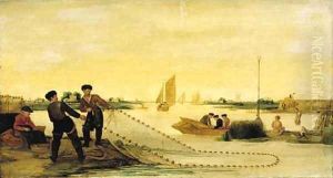 A river landscape with two fishermen pulling in their nets, with bathers beyond