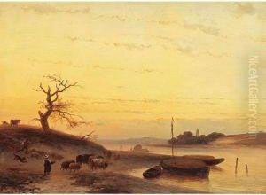 A Peasant With His Cattle Near The Riverside