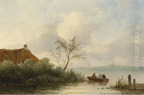 Figures On A Lake In A Rowing Boat, A Town In The Distance - view 1