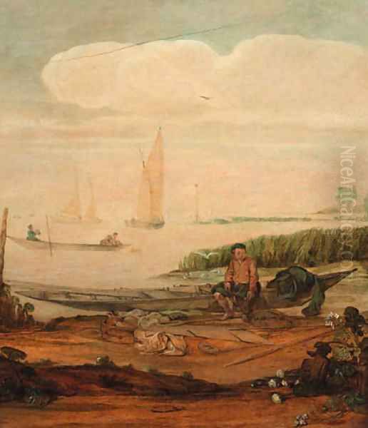 A river landscape with a fisherboy mending a net seated on a punt on the shoreline, other shipping beyond - view 1