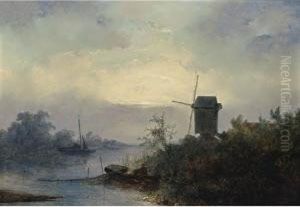 A Fisherman By A Wind Mill At Moonlight by Johannes Franciscus Hoppenbrouwers