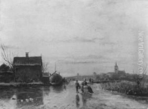 Hollandische Winterlandschaft Mit Eislaufern by Johannes Franciscus Hoppenbrouwers