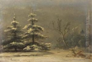 Snowcovered Pine-trees In A Winter Landscape by Johannes Franciscus Hoppenbrouwers