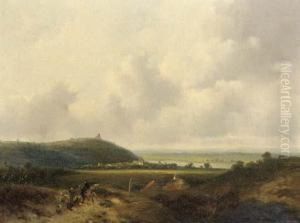 A Panoramic Landscape With Figures Conversing In The Foreground