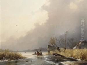 Woodgatherers On The Ice On A Windy Day