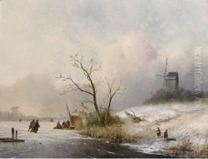 A Winter Landscape With Skaters Near A 'koek En Zopie' by Johannes Franciscus Hoppenbrouwers