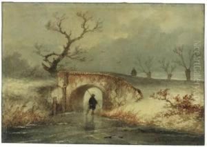 A Man Skating On A Frozen Dyke, Passing A Bridge