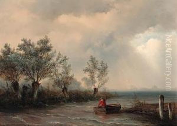 A Fisherman In A River Estuary With An Upcoming Storm - view 1