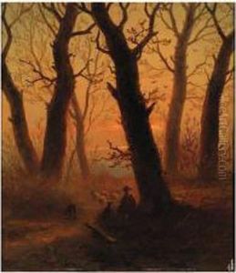 A Herdsman And Flock In A Forest At Sunset A Herdsman And Flock In A Forest At Sunset