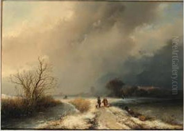 A Sportsman And Woodgatherers On A Snowy Track In A Winterlandscape - view 1